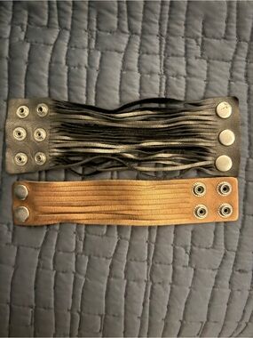 Shredded Leather Snap Bracelet Set - Black/Silver and Bronze